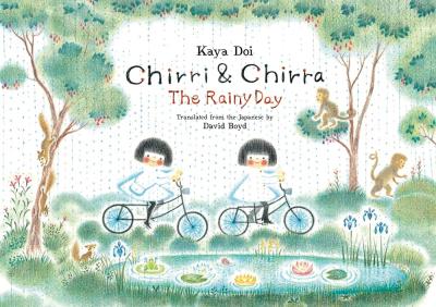 Two identical light skinned twins with short black hair earing white dresses ride bicycles in the pain by a pond.