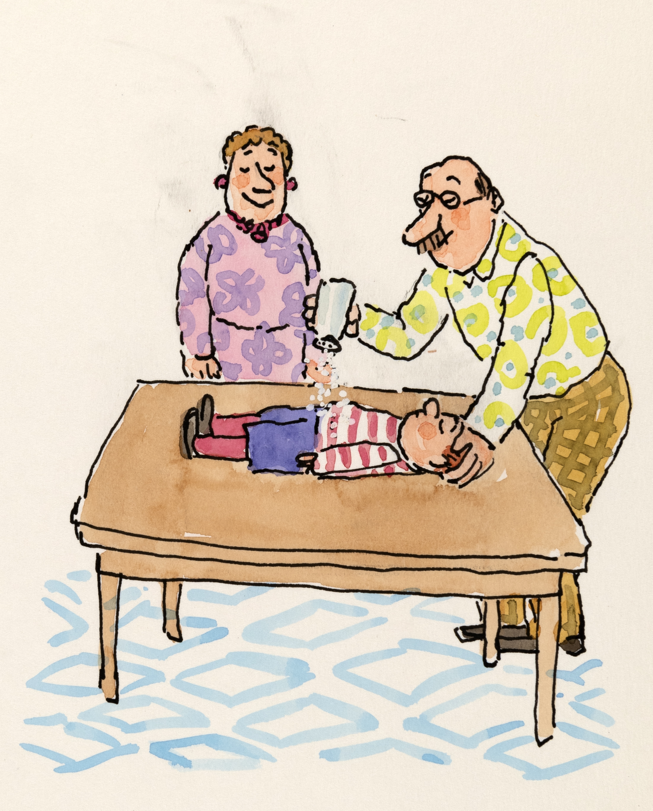 Illustration of man sprinkling flour on kid lying on table. 