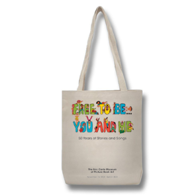 Natural canvas tote bag featuring colorful Free to Be...You And Me logo