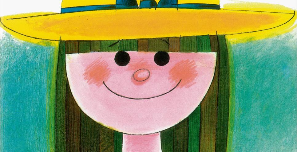 Smiling child with rosy cheeks and yellow hat.