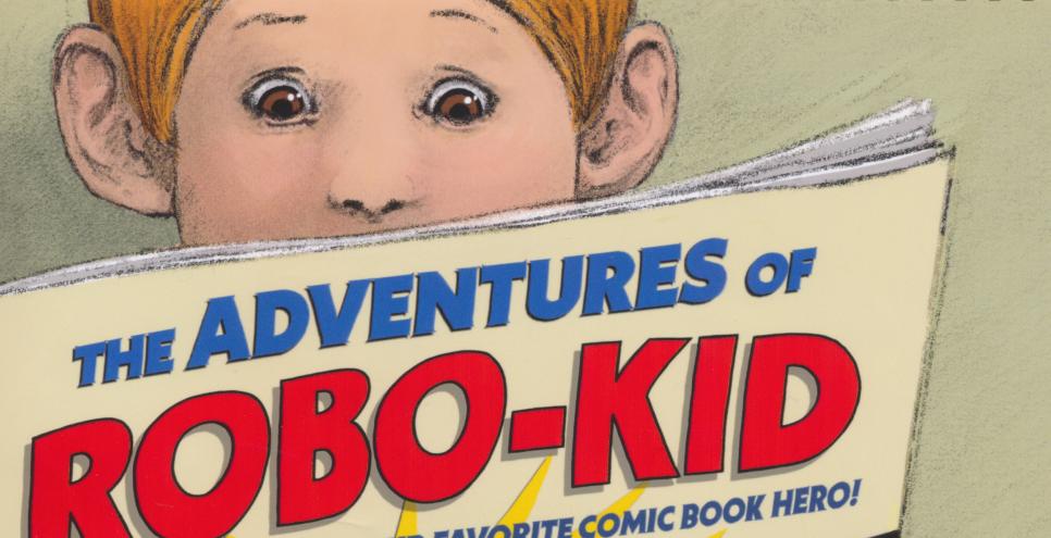 Child is reading a book with the title "The Adventures of Robo-Kid"