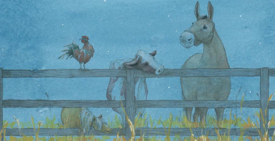 Cover illustration for The Sun is Late and so is the Farmer, showing farm animals at night standing along a fence.