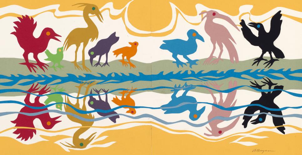 Illustration of birds mirrored in water. 