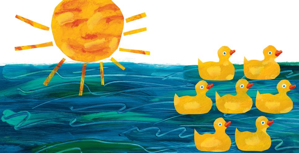 Illustration of sun with rubber ducks swimming in ocean. 