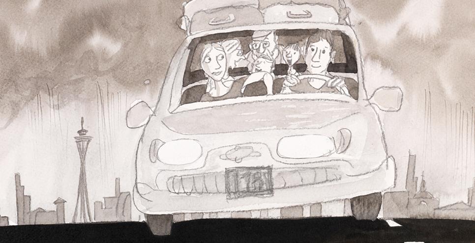 Illustration of family in car on road. 