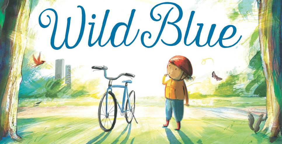 Cover illustration for Wild Blue, showing a child and bicycle between two trees. The shadow of the bike is shown as a horse.