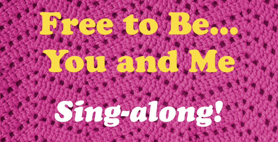 Graphic with pink crochet pattern with the words "Free to Be...Yo