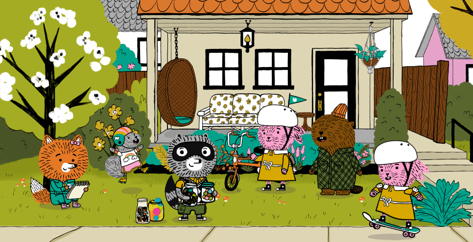 Carl the raccoon and friends stand in front of a house.