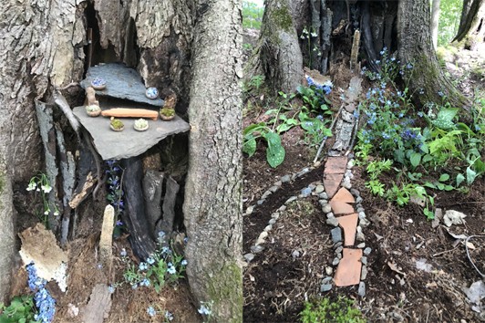 Two images of a fairy garden. A close-up on acorn cap details and on the pathway through the replanted plants.